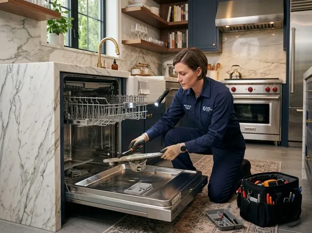 Appliance Repair Hero technician servicing a built-in dishwasher in a Allen, TX kitchen