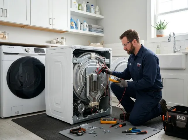 Appliance Repair Hero technician checking a dryer heating element with the rear panel off in Allen, TX