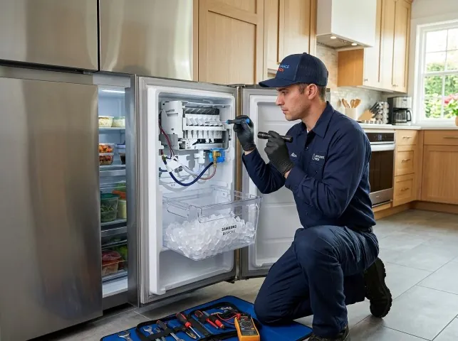 Appliance Repair Hero technician repairing a refrigerator ice maker in Allen, TX