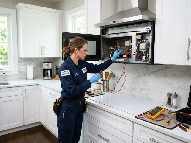 Appliance Repair Hero technician testing an over-the-range microwave in a Allen, TX kitchen