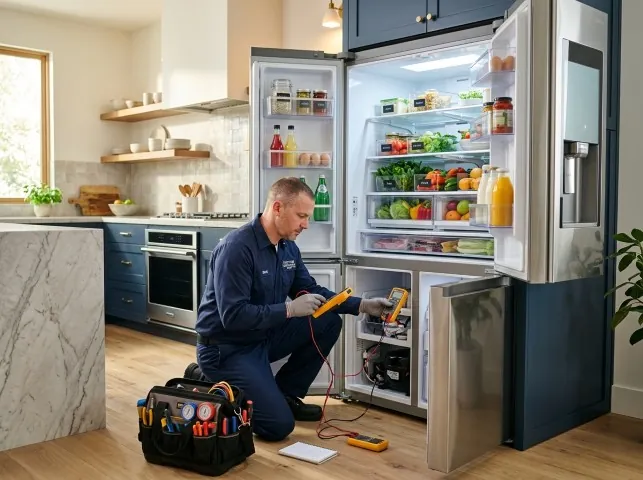 Appliance Repair Hero refrigerator technician testing a fridge on a Allen, TX service call