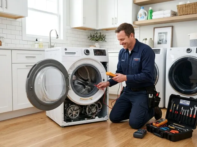 Appliance Repair Hero technician testing a front-load washer with a multimeter on a Allen, TX service call